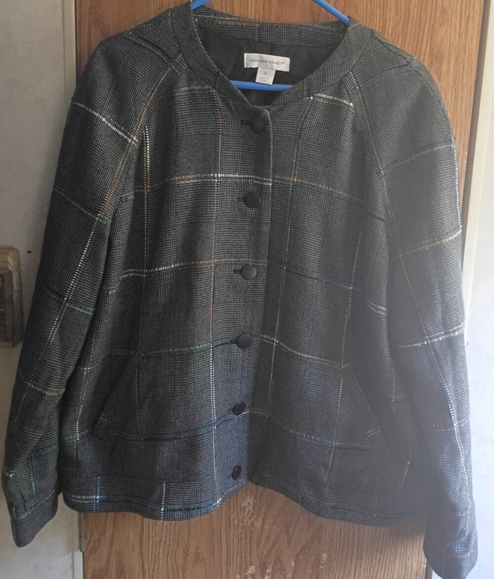 Christopher & Banks Windowpane Plaid Collarless Jacket Charcoal Gray XL